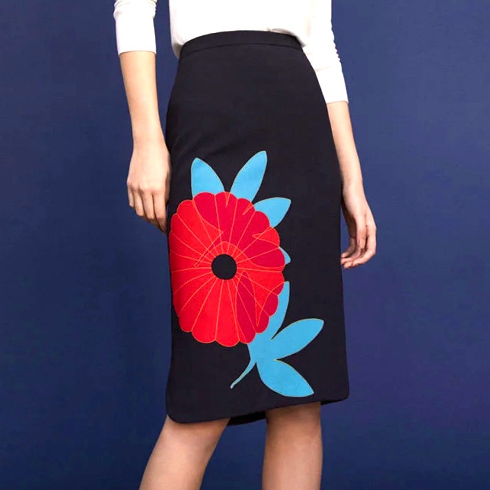LOFT Black Pencil Skirt with Red Flower and Blue Leaves. size 10